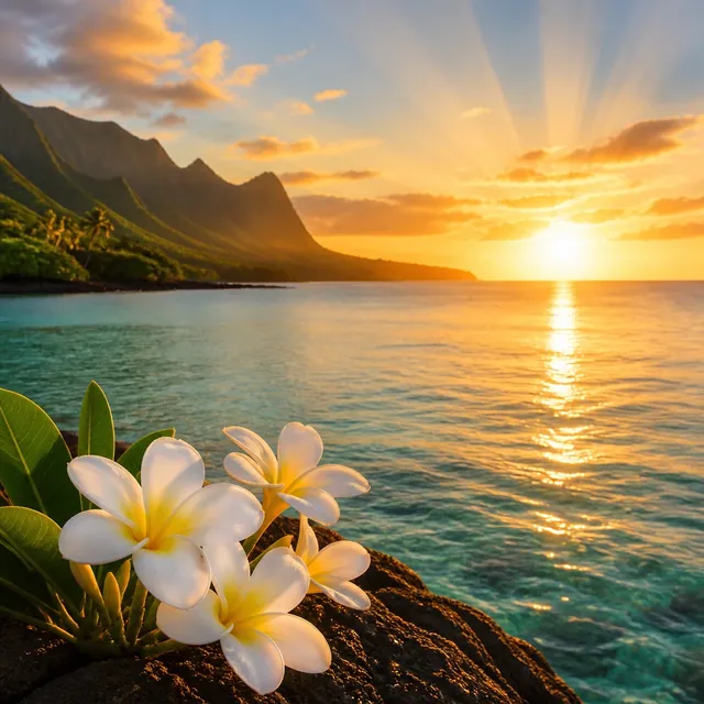 Golden Hawaiian sunset over calm ocean with white plumeria flowers