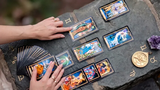 Colourful tarot cards laid out in a reading spread